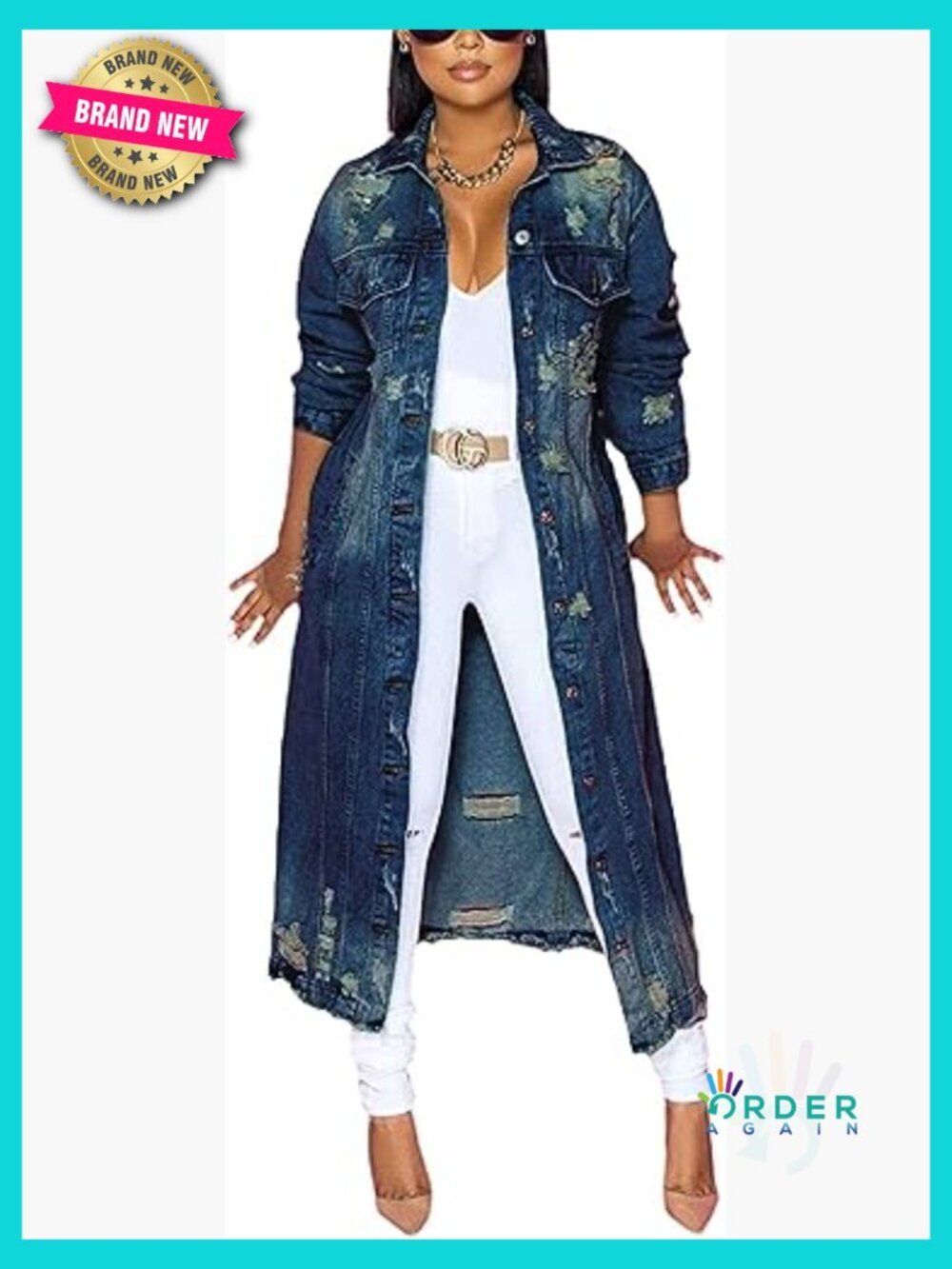 Distressed Denim Jacket Long Trench Coat Oversized Y2K Button Down Casual